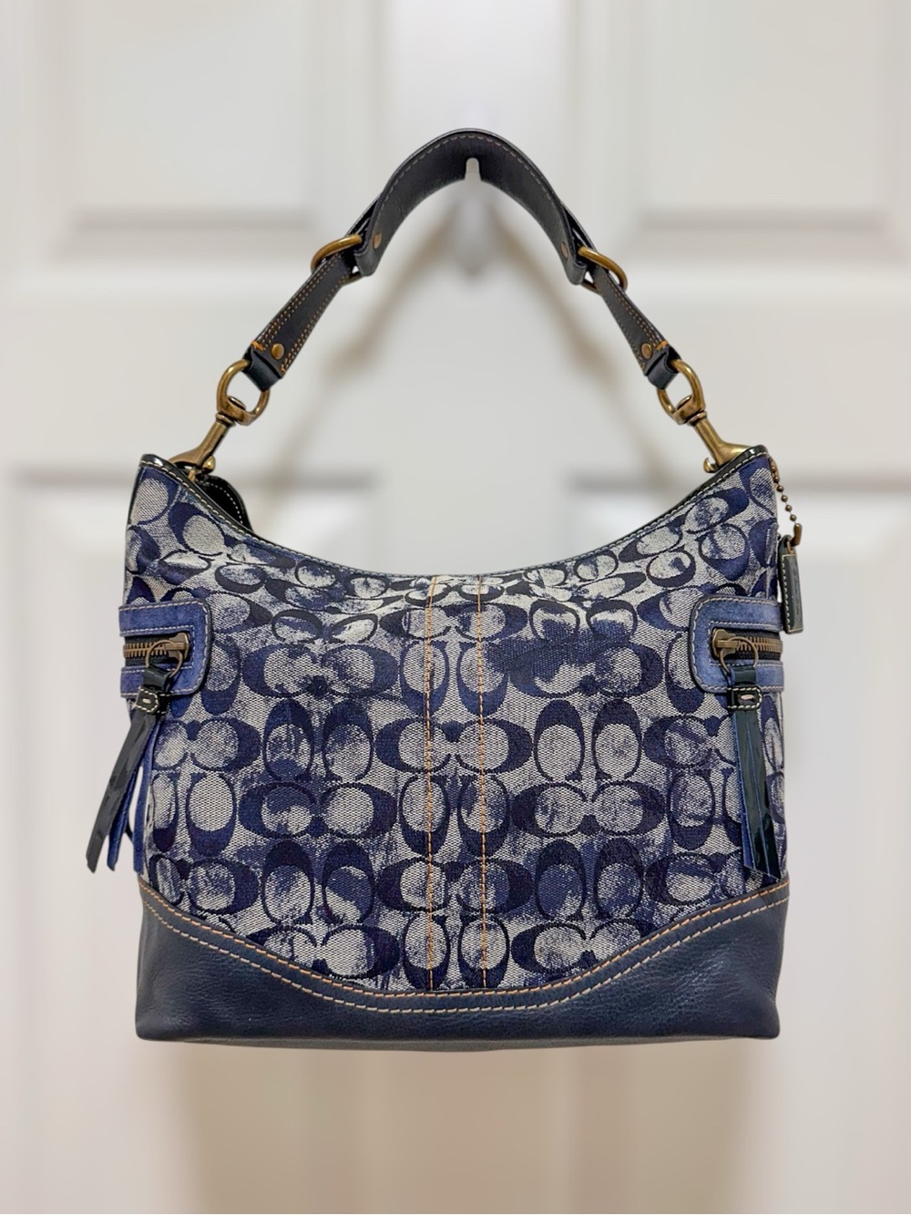 Coach Signature Denim Tie Dye Navy Leather Suede Hobo Shoulder Bag Rare Y2K